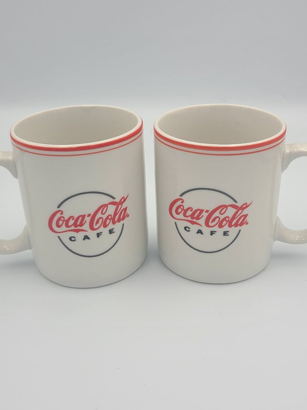 Vintage Gibson Coca Cola Cafe Coffee Mugs Set of 2 White Ceramic Red Script Logo